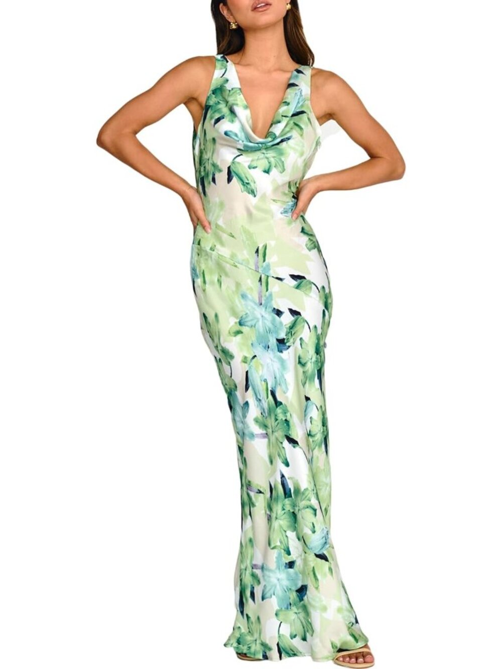 Women Green Floral Cowl Neck Summer Satin Backless Sleeveless Elegant Maxi Dress